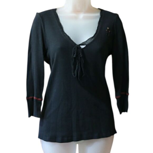 Burning Torch Ribbed Black Beaded Long Sleeve Top Vintage 90s LG - Picture 1 of 12